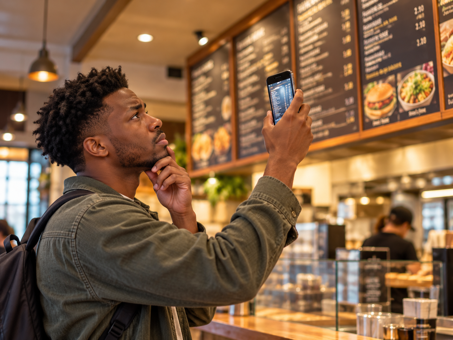A man using his phone to photograph a restaurant menu