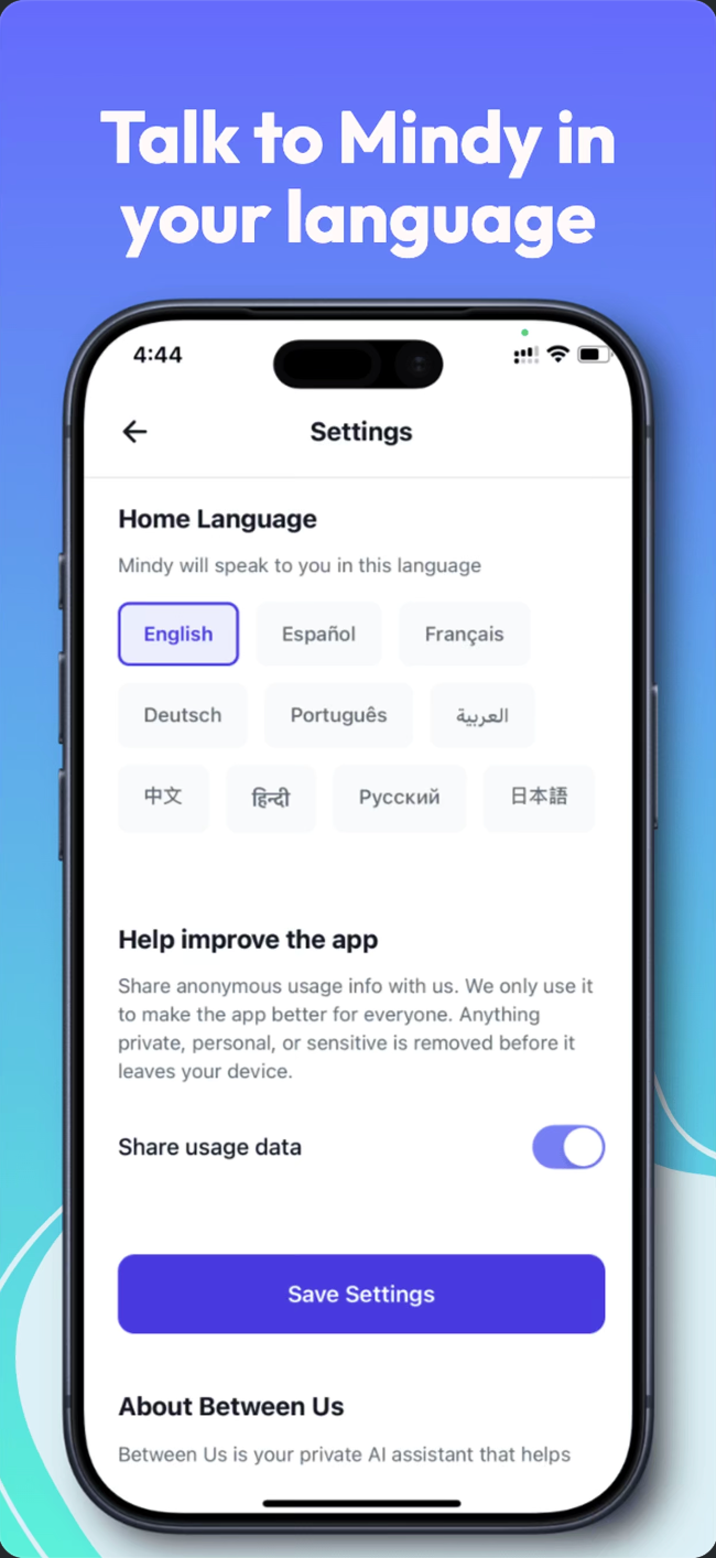 Talk to Mindy in your language — settings screen